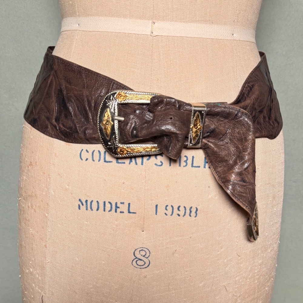 Vintage Brown Leather Wide Waist Belt German Silver Buckle Western Gold Floral